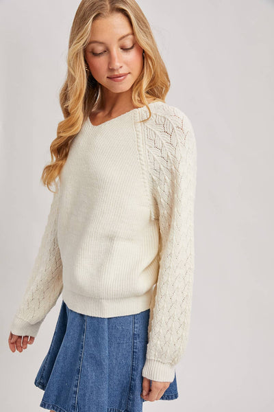 Ivory V-Neck Ribbed Knit Sweater