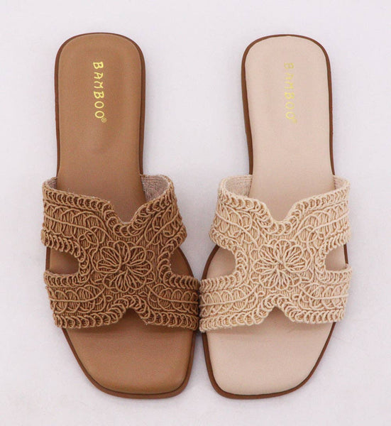 Cream Bamboo Woven Crochet Slide Sandals