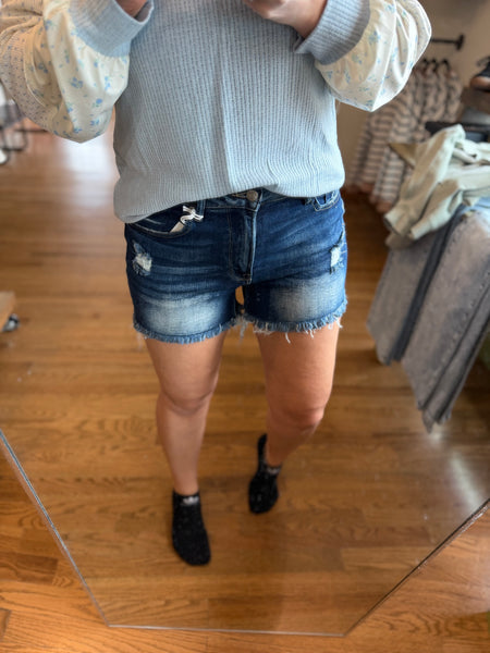 Zenana Dark Wash Raw Hem Denim Shorts