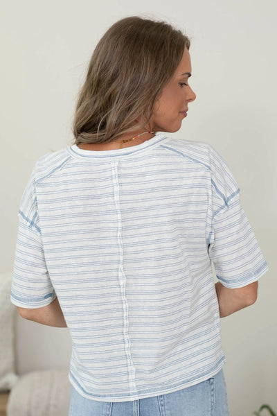 Blue Stripe Henley Exposed Seam Top