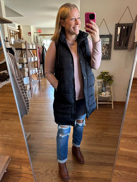 Black Polar Fleece Lined Long Puffer Vest
