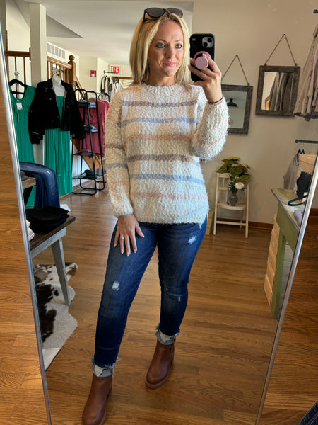 Cream Striped Popcorn Sweater