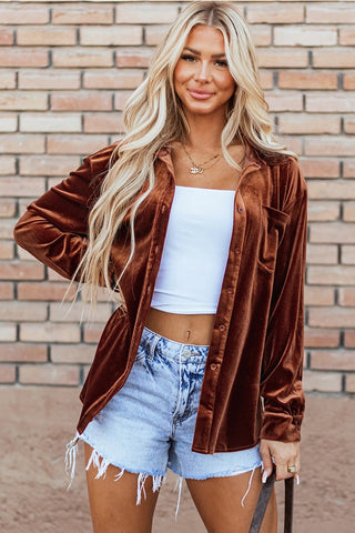 Chocolate Velvet Button Down Top