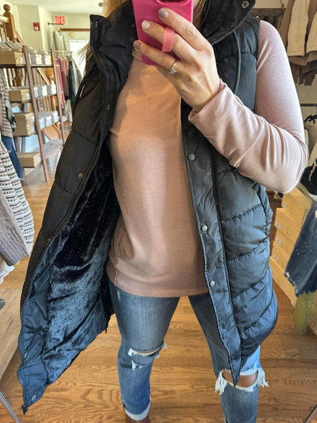 Black Polar Fleece Lined Long Puffer Vest
