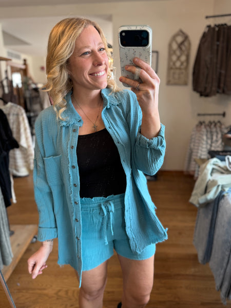 Dusty Teal Linen Shorts