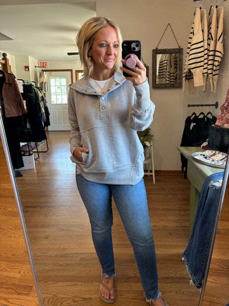 Heather Grey Button Hooded Pullover