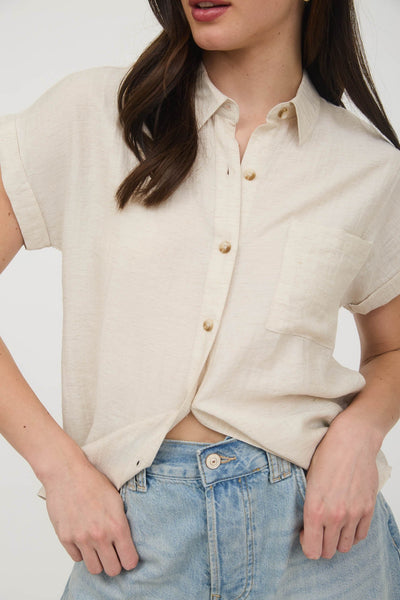 Oatmeal Cuffed Sleeve Button Down Top