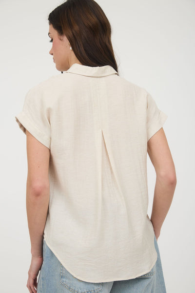 Oatmeal Cuffed Sleeve Button Down Top