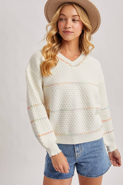 Ivory Rainbow Thread Waffle Knit Sweater