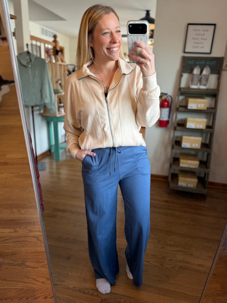 Dusty Navy Cotton Wide Leg Pants