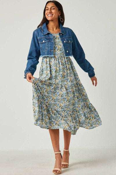 Blue Smocked Back Tiered Midi Dress