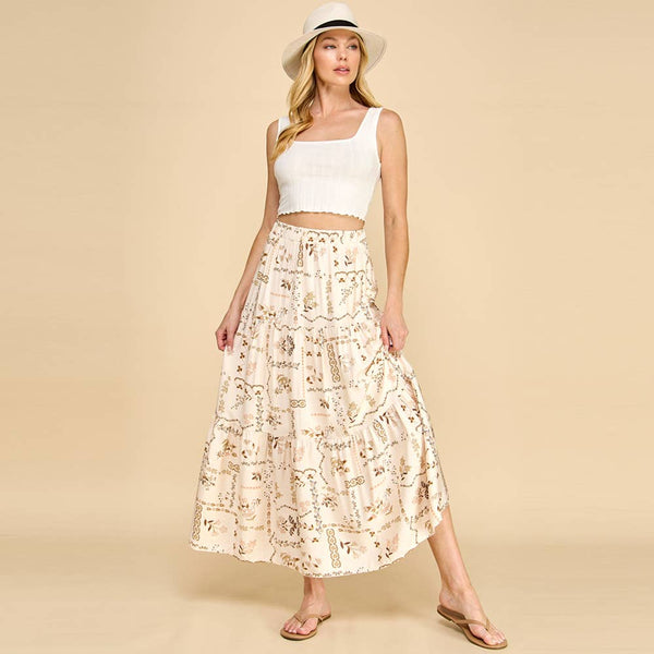 Cream Floral Patchwork Tiered Maxi Skirt