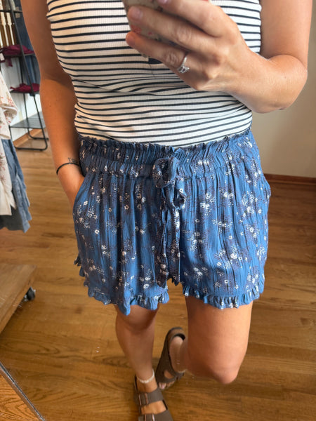 Navy Floral Printed Paper Bag Shorts