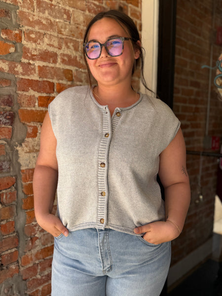 Heather Grey Sleeveless Button Down Knit Cardigan
