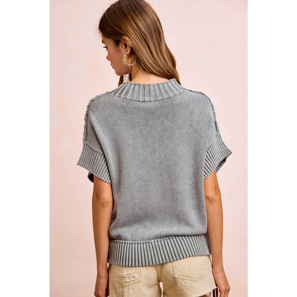 Smoke Grey Acid Wash Short Sleeve Sweater