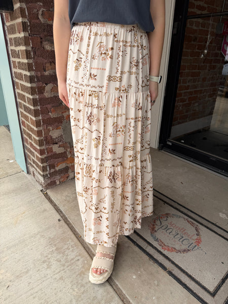 Cream Floral Patchwork Tiered Maxi Skirt
