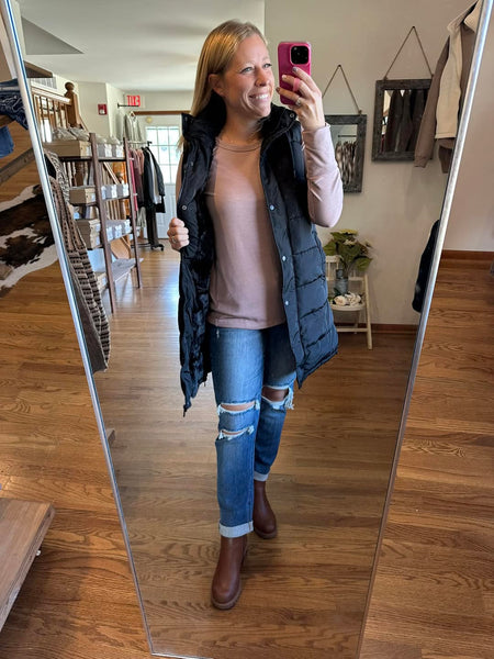 Black Polar Fleece Lined Long Puffer Vest