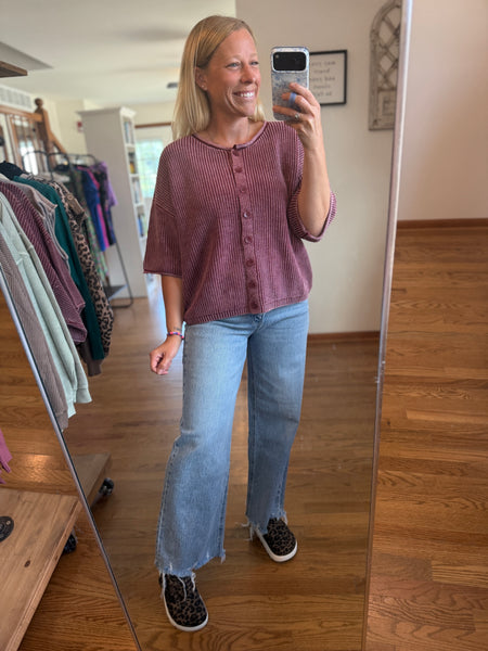 Burgundy Washed Ribbed Cardigan