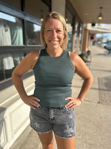 Ribbed Sweater Tank Top in Dark Green