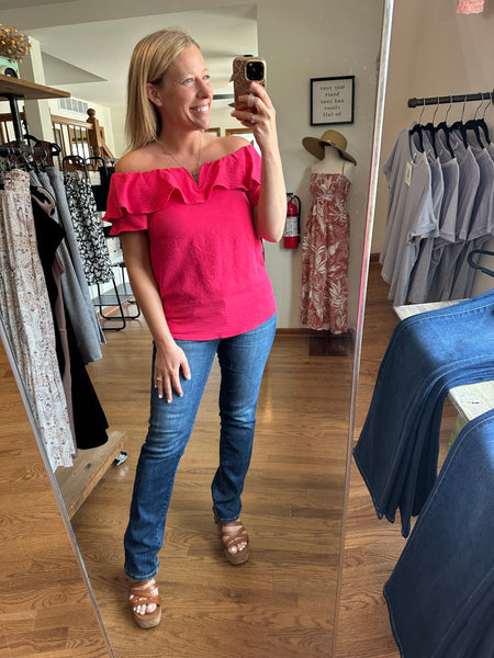 Hot Pink Off Shoulder Flutter Blouse