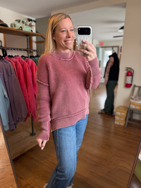 Cabernet Mineral Wash Side Slit Oversized Sweater