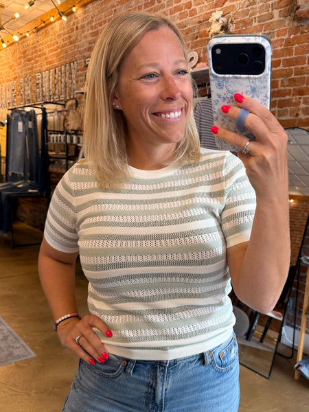 Sage Stripe Short Sleeve Color Block Knit Top
