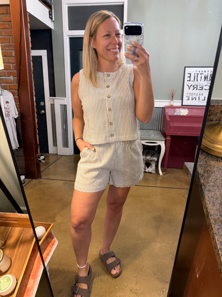 Mocha Stripe Sleeveless Button Down Top