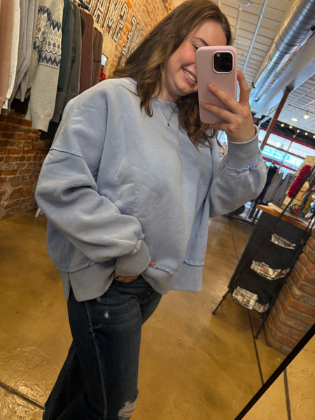 Misty Blue Distressed Washed Pullover