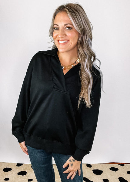 Black V-Neck Collared Sweatshirt