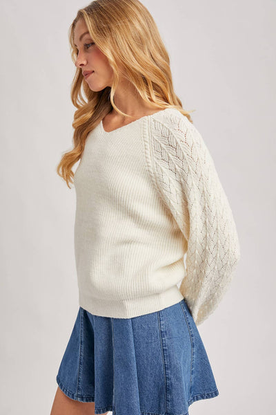 Ivory V-Neck Ribbed Knit Sweater