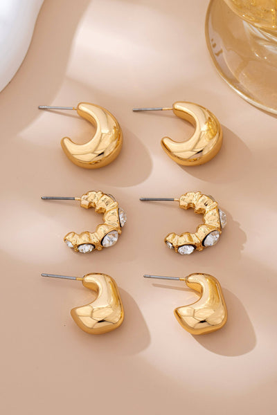 Gold Rhinestone Geo Puffy Hoop Trio