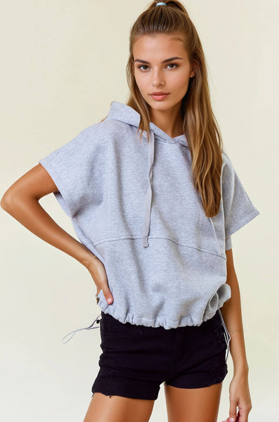 Heather Grey Drawstring Bottom Short Sleeve Hoodie