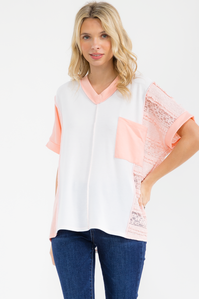 Ivory & Peach Lace V-Neck Top