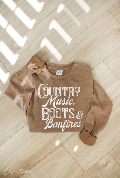 Country Music, Boots, Bonfires Mineral Washed Long Sleeve Graphic