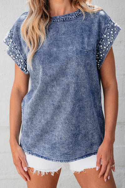 Denim Acid Wash Pearl Top