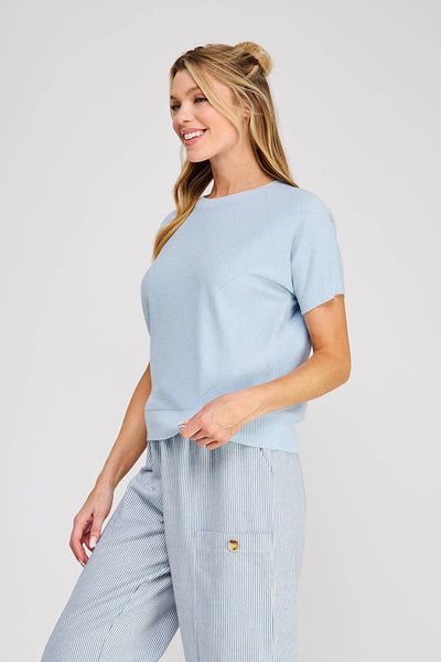 Sky Blue Short Sleeve Diamond Pointelle Top