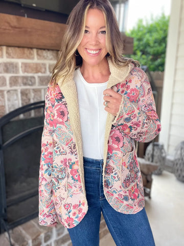 Vintage Paisley Floral Sherpa Lined Hooded Jacket