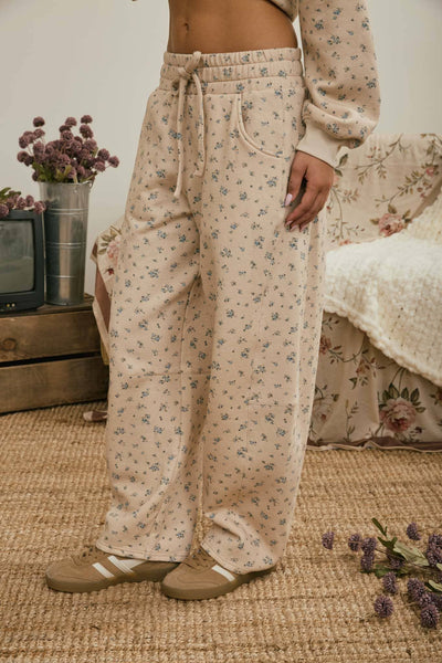 Oatmeal Ditsy Floral Drawstring Wide Leg Pants