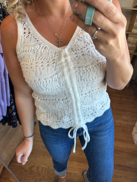 Ivory Crochet Knit Drawstring Sweater Vest