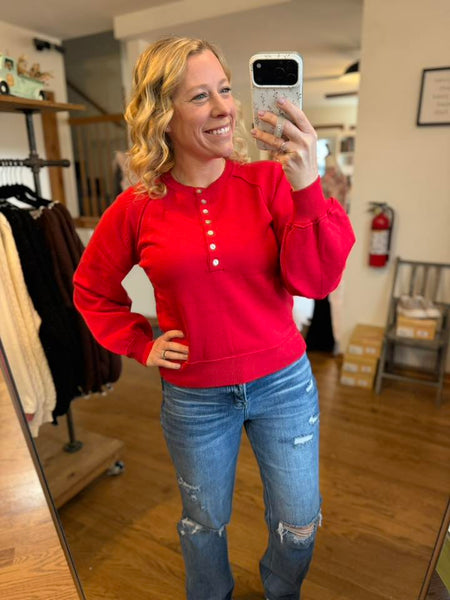 Red Puff Sleeve Henley Sweater