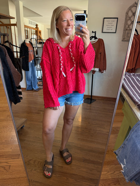Red Hooded Chenille Cable Knit Sweater