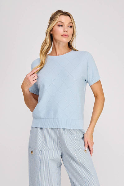 Sky Blue Short Sleeve Diamond Pointelle Top