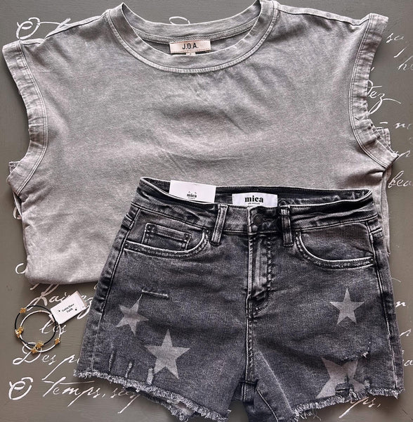 Mica Black Star Acid Wash High Rise Shorts
