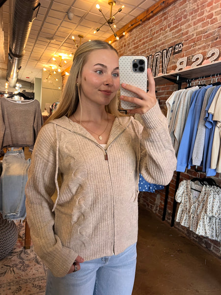 Oatmeal Zip-Up Cable Knit Sweater Cardigan With Hood