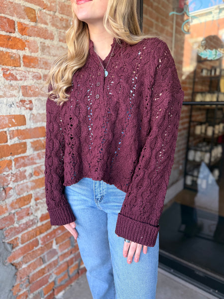 Maroon Button Open Knit Sweater