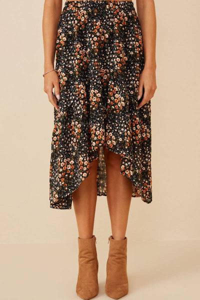 Black Floral Print Asymmetric Midi Skirt