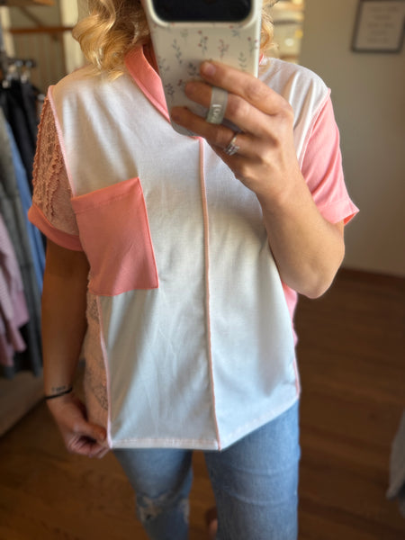 Ivory & Peach Lace V-Neck Top