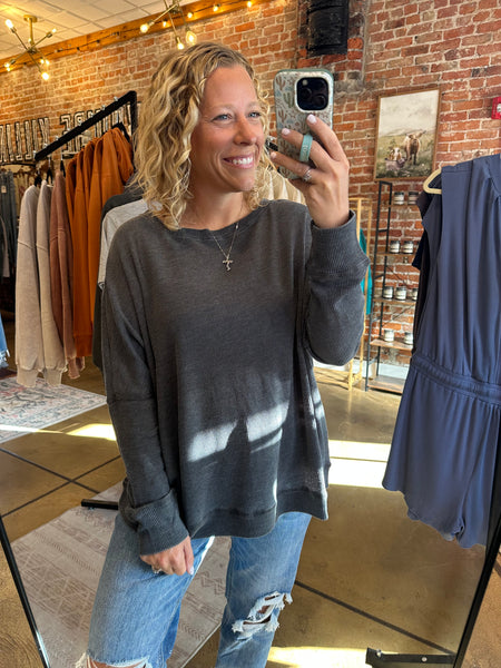 Black Mineral Wash Waffle Ribbed Pullover