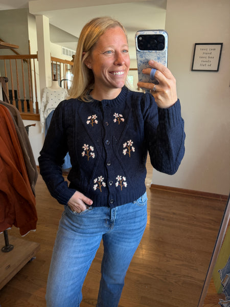 Navy Floral Embroidered Cable Knit Cardigan