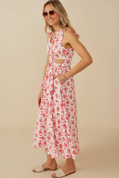 Pink Floral Ruffle Cutout Midi Dress